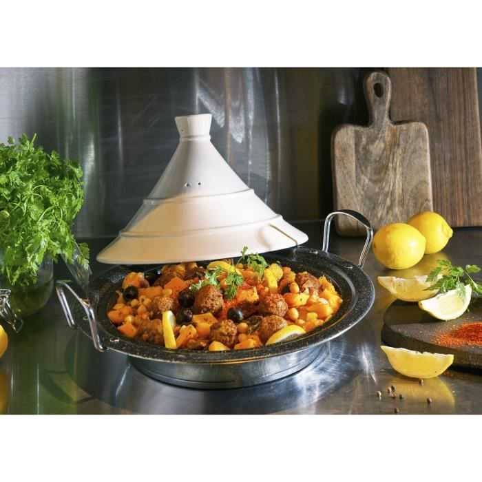 30 cm Tagine with Lid - Stainless Steel Base - White Ceramic Lid - Suitable for All Hobs Including Induction