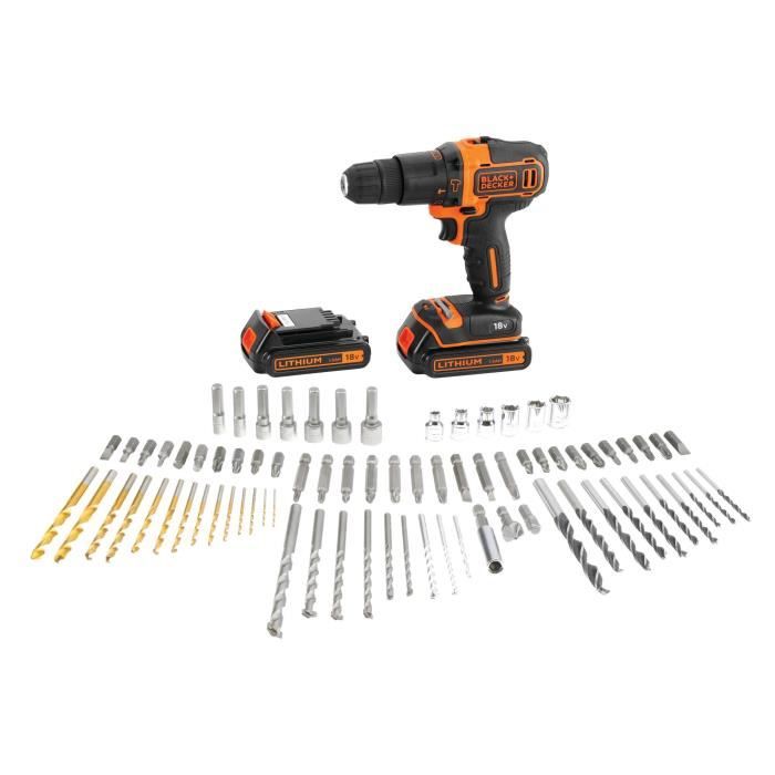 BLACK+DECKER 18V Cordless Hammer Drill Kit - 2 Batteries, Charger, Carrying Case + 80 Accessories - BDC718AS2F-QW