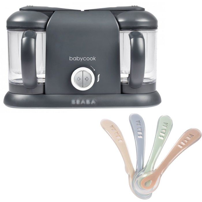 BÉABA - Babycook Duo - 6-in-1 Food Processor Pack + Silicone Spoons - Dark Grey