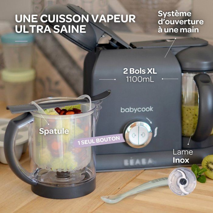 BÉABA - Babycook Duo - 6-in-1 Food Processor Pack + Silicone Spoons - Dark Grey