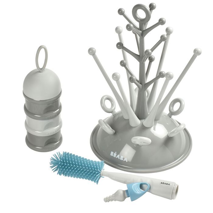 BEABA Newborn Gift Set - Grey Tree Bottle Drying Rack, Measuring Box, Bottle Brush, Bib