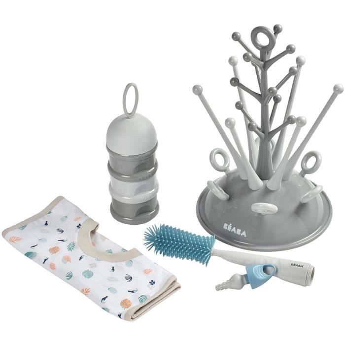 BEABA Newborn Gift Set - Grey Tree Bottle Drying Rack, Measuring Box, Bottle Brush, Bib