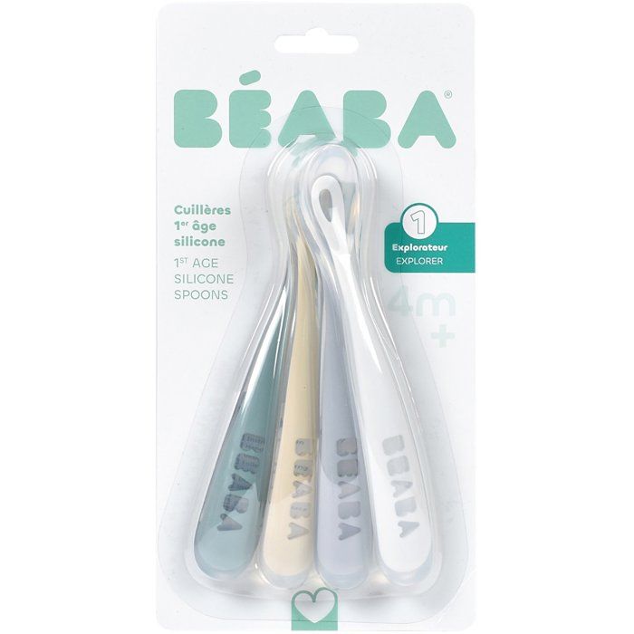 BEABA Set of 4 Silicone Spoons for Baby's First Meals - Ultra-Soft Tip, Ergonomic Design