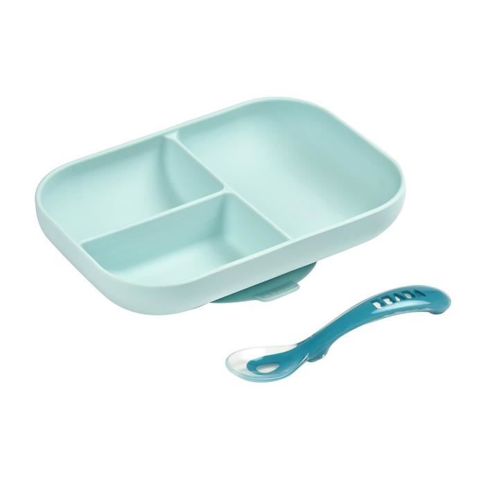 BEABA Baby Meal Set - Divided Silicone Plate + Spoon - Blue