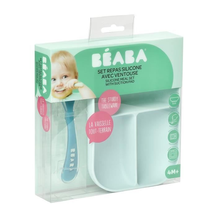 BEABA Baby Meal Set - Divided Silicone Plate + Spoon - Blue