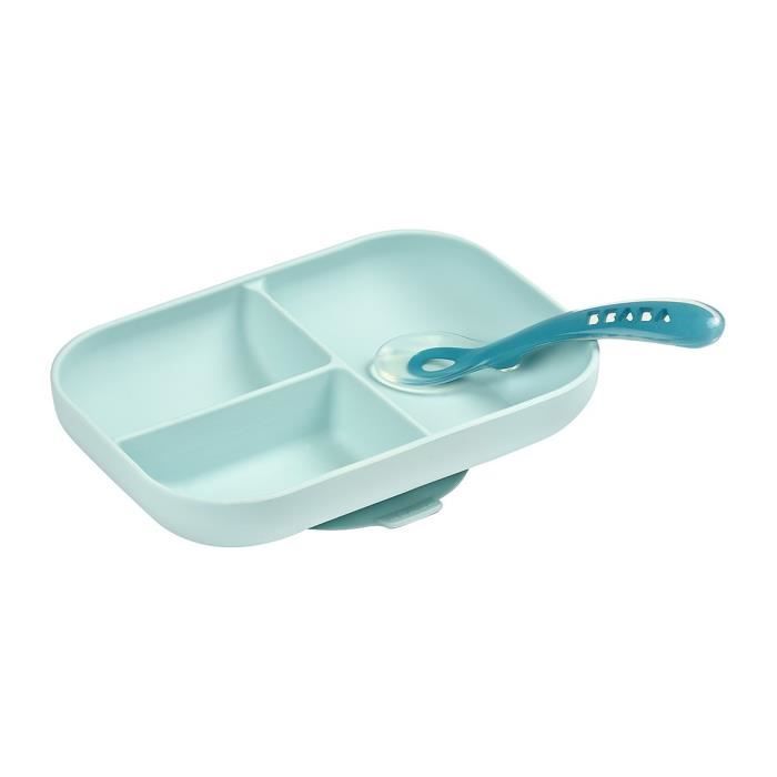 BEABA Baby Meal Set - Divided Silicone Plate + Spoon - Blue