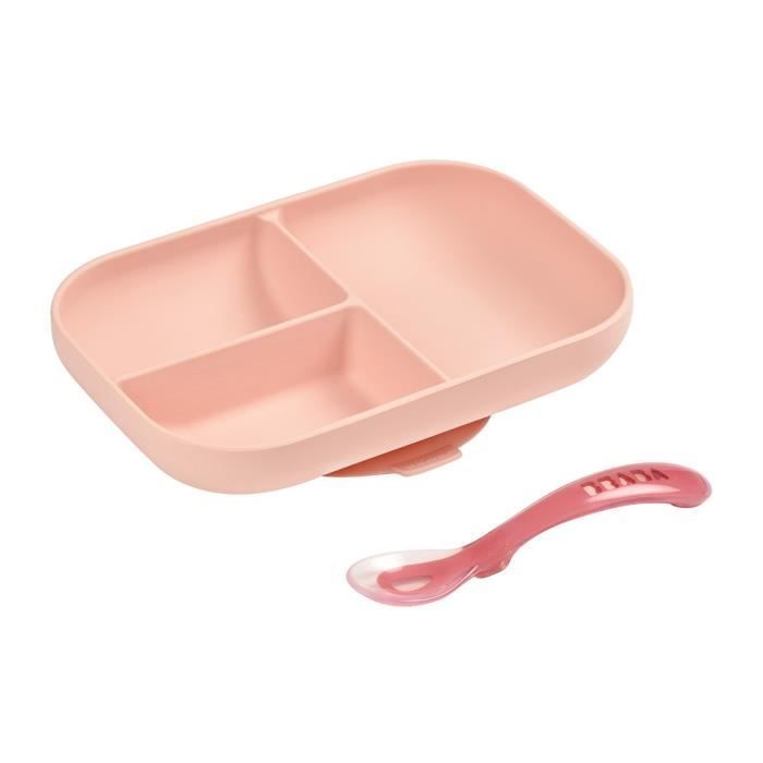 BEABA Baby Meal Set - Divided Silicone Plate + Spoon - Pink