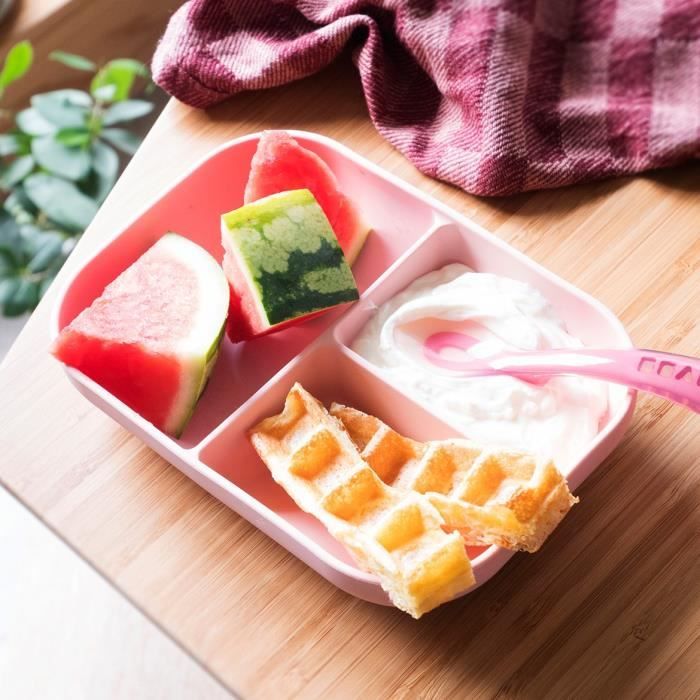 BEABA Baby Meal Set - Divided Silicone Plate + Spoon - Pink