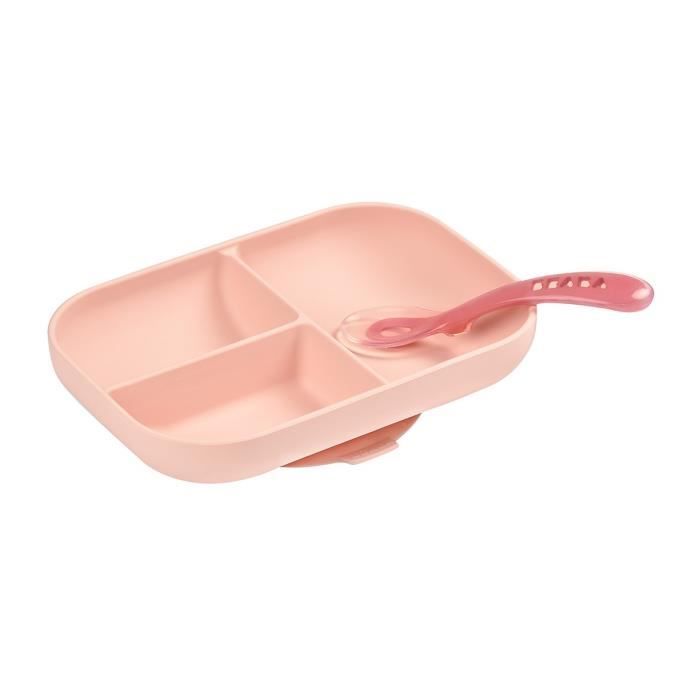 BEABA Baby Meal Set - Divided Silicone Plate + Spoon - Pink