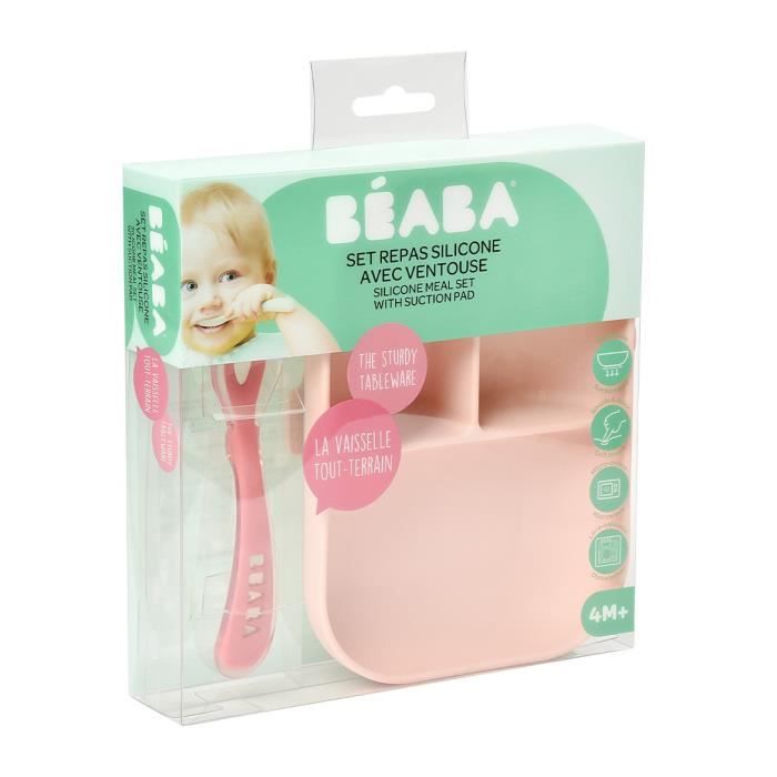 BEABA Baby Meal Set - Divided Silicone Plate + Spoon - Pink