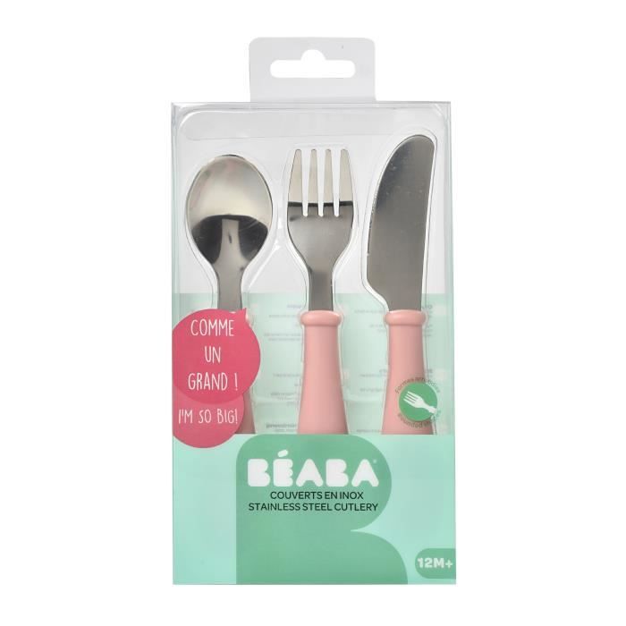 BEABA Cutlery Set, 3-Piece Stainless Steel, Old Pink, for Babies 12 Months+