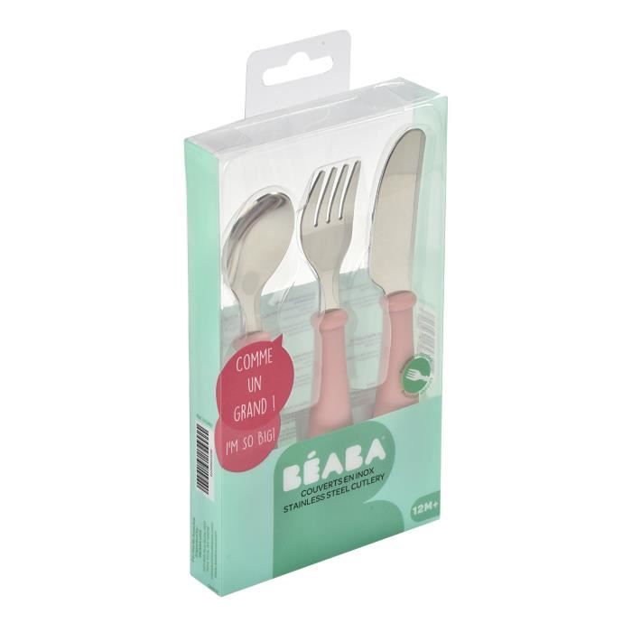 BEABA Cutlery Set, 3-Piece Stainless Steel, Old Pink, for Babies 12 Months+