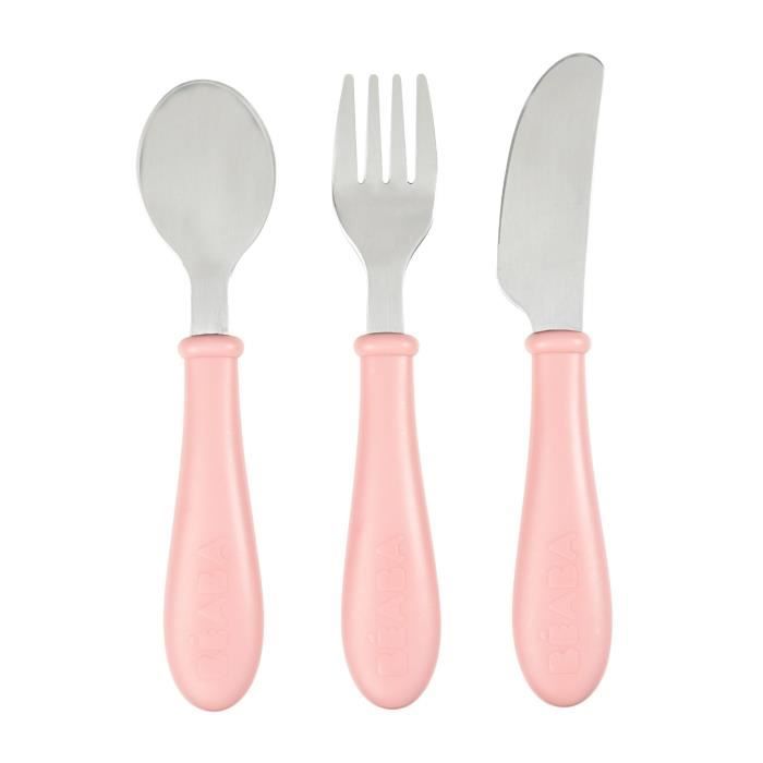 BEABA Cutlery Set, 3-Piece Stainless Steel, Old Pink, for Babies 12 Months+