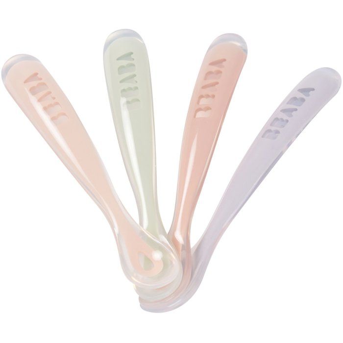 BEABA Set of 4 Ergonomic Silicone Spoons for 1st Age - Windy Blue, Eucalyptus Green, Light Mist, Old Pink