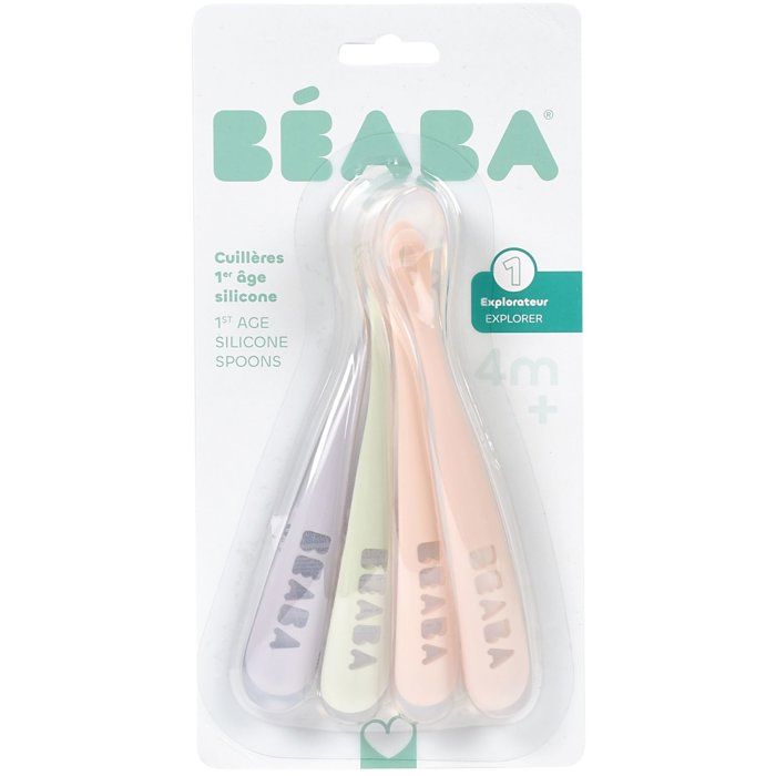 BEABA Set of 4 Ergonomic Silicone Spoons for 1st Age - Windy Blue, Eucalyptus Green, Light Mist, Old Pink