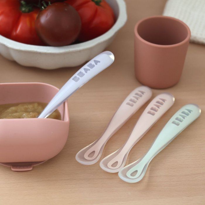 BEABA Set of 4 Ergonomic Silicone Spoons for 1st Age - Windy Blue, Eucalyptus Green, Light Mist, Old Pink