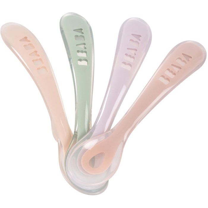 BEABA Set of 4 Silicone Spoons for Teaching Baby to Eat - Ergonomic and Flexible Design
