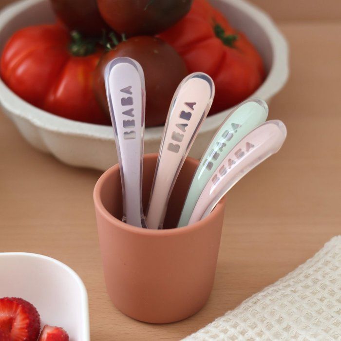 BEABA Set of 4 Silicone Spoons for Teaching Baby to Eat - Ergonomic and Flexible Design