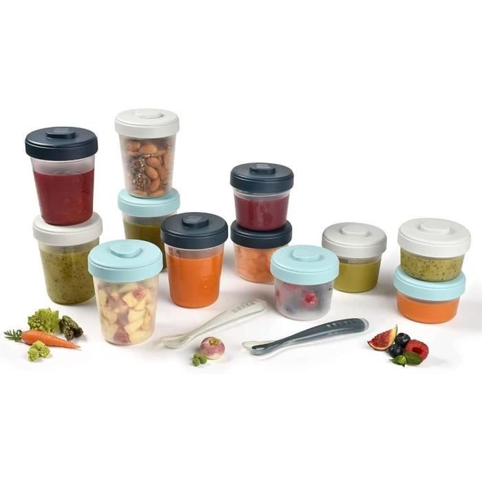 BEABA First Meal Pack - 12 Clip-On Portions of Various Sizes and 2 Spoons - Airtight and Graduated