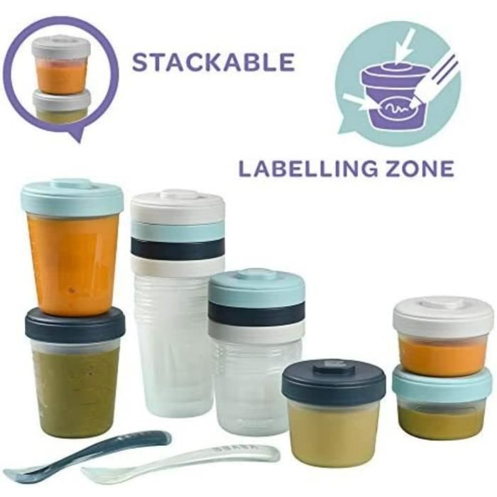 BEABA First Meal Pack - 12 Clip-On Portions of Various Sizes and 2 Spoons - Airtight and Graduated