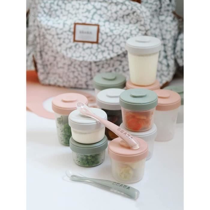 BÉABA - 12-Portion Storage Pack with 2 Silicone Spoons - First Meal Pack - Eucalyptus