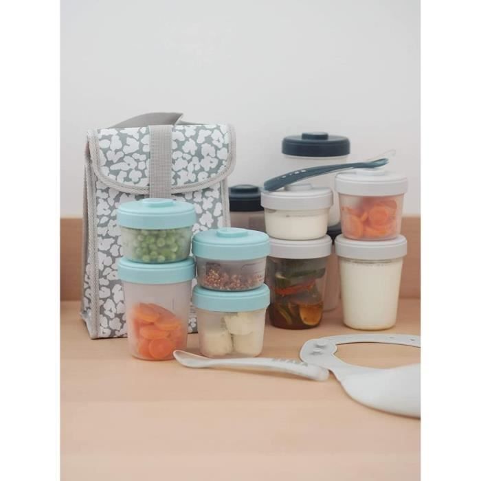 BÉABA - 12-Portion Storage Pack with 2 Silicone Spoons - First Meal Pack - Eucalyptus