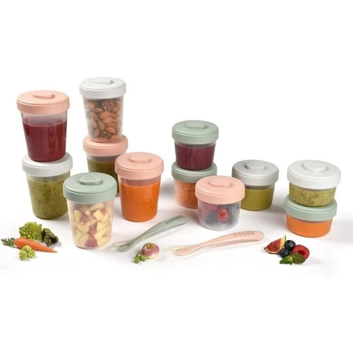 BÉABA - 12-Portion Storage Pack with 2 Silicone Spoons - First Meal Pack - Eucalyptus