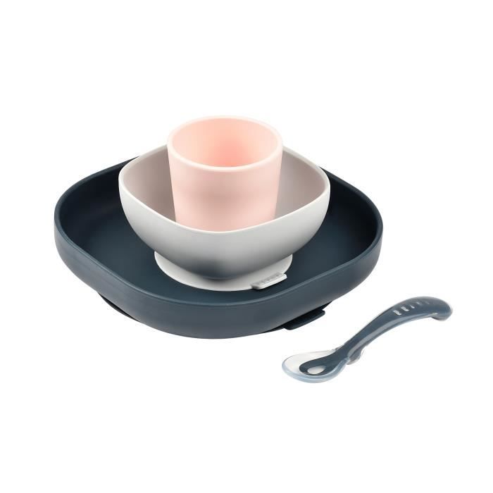 BEABA Silicone Meal Set - Night Blue - Plate, Bowl, Cup, Spoon - Baby 4 Months