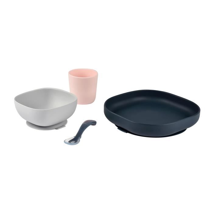 BEABA Silicone Meal Set - Night Blue - Plate, Bowl, Cup, Spoon - Baby 4 Months