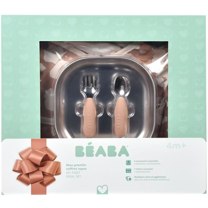 BÉABA 1st Meal Gift Box - Savannah Bloom - Stainless Steel Plate, Ergonomic Spoon, Fork, Bib, Keepsake Box