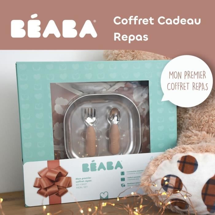 BÉABA 1st Meal Gift Box - Savannah Bloom - Stainless Steel Plate, Ergonomic Spoon, Fork, Bib, Keepsake Box