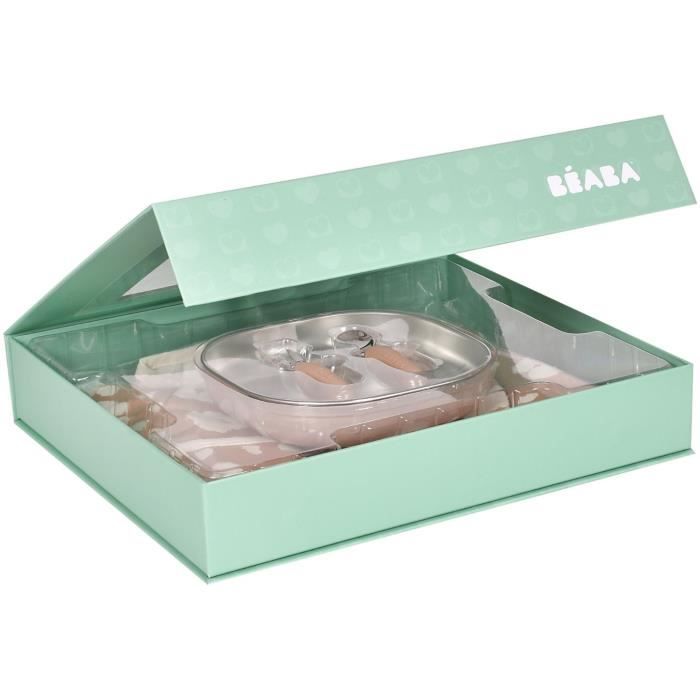 BÉABA 1st Meal Gift Box - Savannah Bloom - Stainless Steel Plate, Ergonomic Spoon, Fork, Bib, Keepsake Box