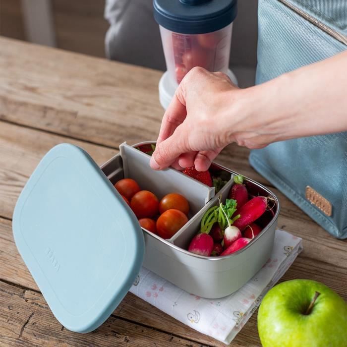 BEABA Stainless Steel Children's Lunch Box - Silicone Lid - Velvet Grey and Blue