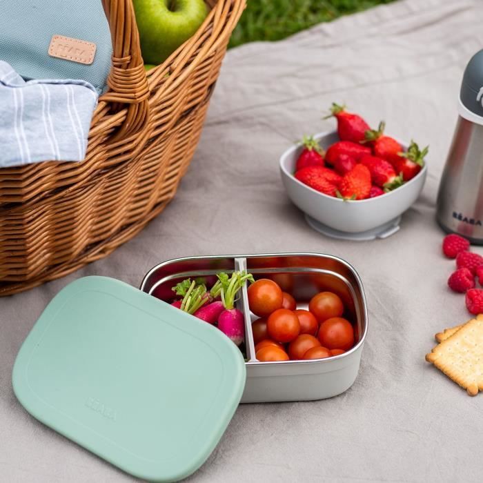 BEABA Stainless Steel Children's Lunch Box - Silicone Lid - Velvet Grey and Sage Green