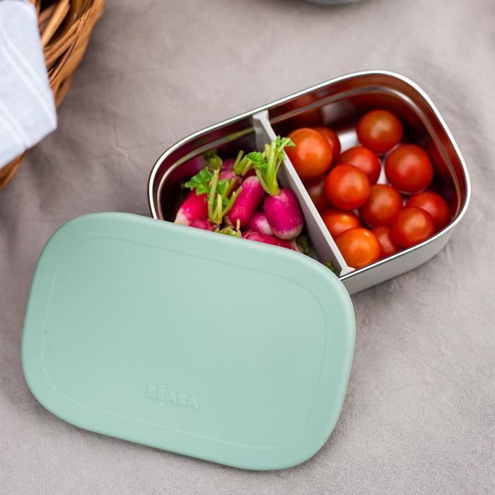 BEABA Stainless Steel Children's Lunch Box - Silicone Lid - Velvet Grey and Sage Green
