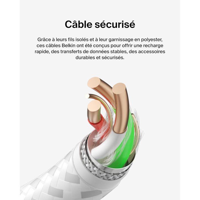 Câble tressé - BELKIN - USB-C vers USB-A - 2 m - Blanc