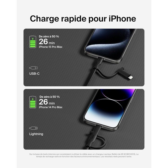 BELKIN 2-in-1 Cable - USB-C and Lightning - Black - Fast Charging for iPhone, iPad, Samsung