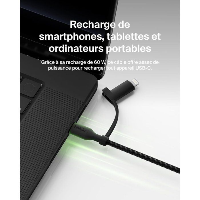 BELKIN 2-in-1 Cable - USB-C and Lightning - Black - Fast Charging for iPhone, iPad, Samsung