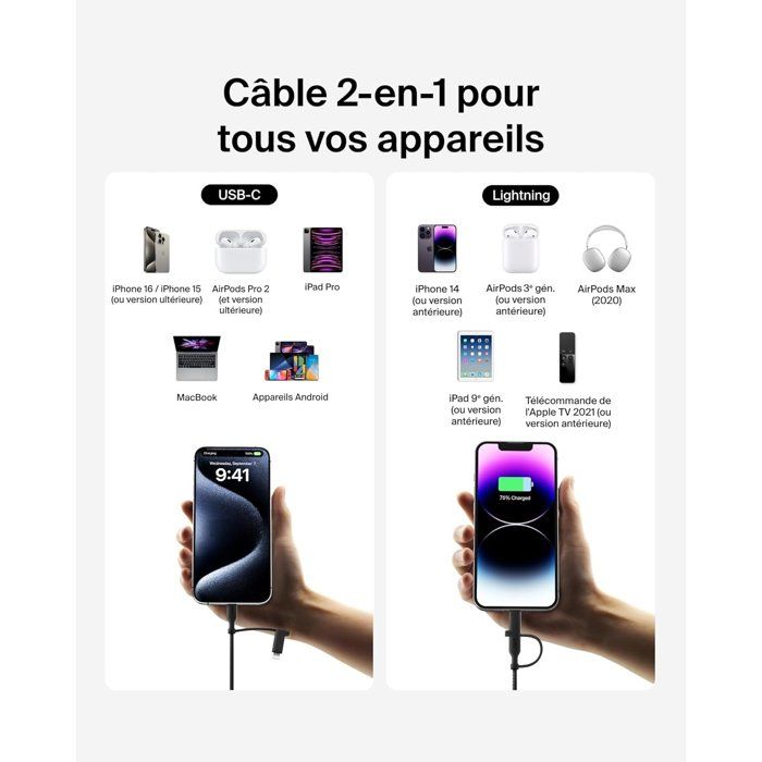 BELKIN 2-in-1 Cable - USB-C and Lightning - Black - Fast Charging for iPhone, iPad, Samsung