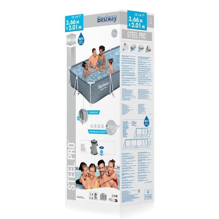 BESTWAY Above Ground Pool Kit - Steel Pro - 366 x 201 x 66 cm - Rectangular (Includes Cartridge Filter)