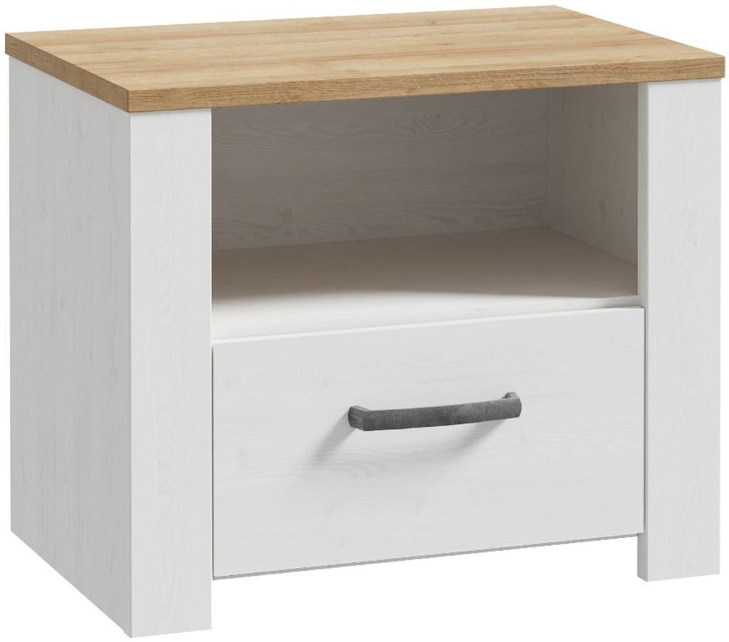 BOHOL Bedside Table - Oak/ White - 1 Drawer, 1 Shelf - W61.6 x D42 x H52 cm