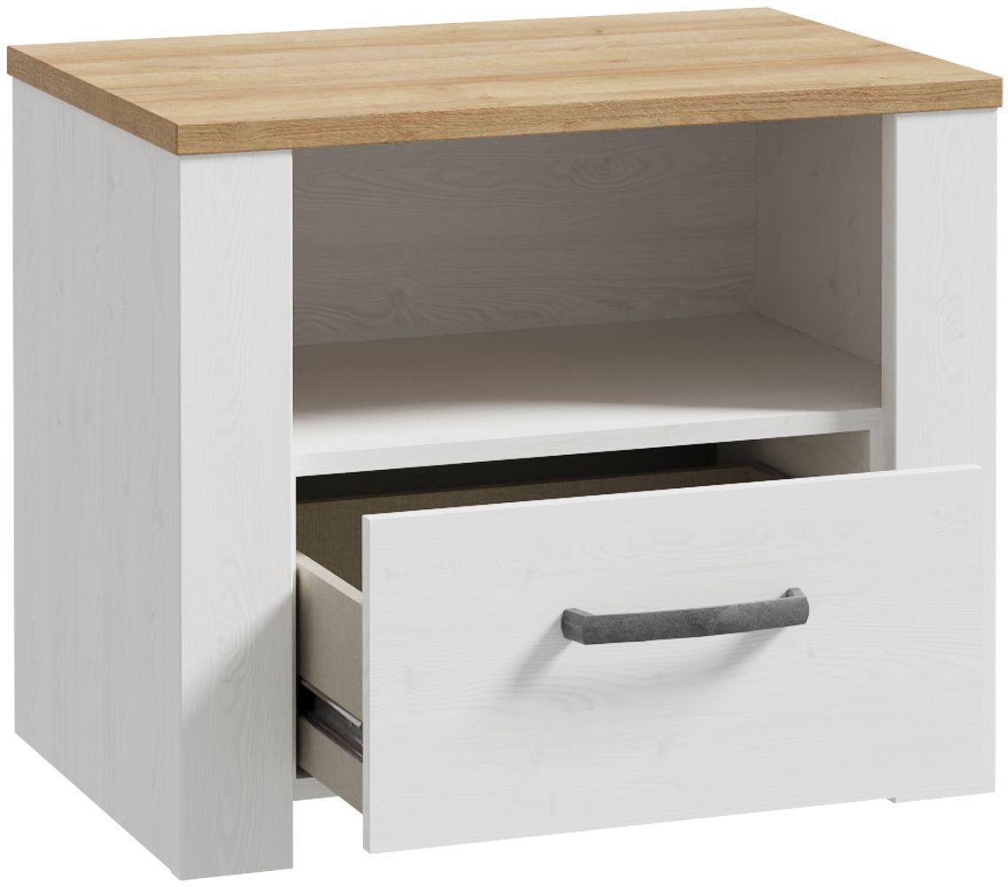 BOHOL Bedside Table - Oak/ White - 1 Drawer, 1 Shelf - W61.6 x D42 x H52 cm