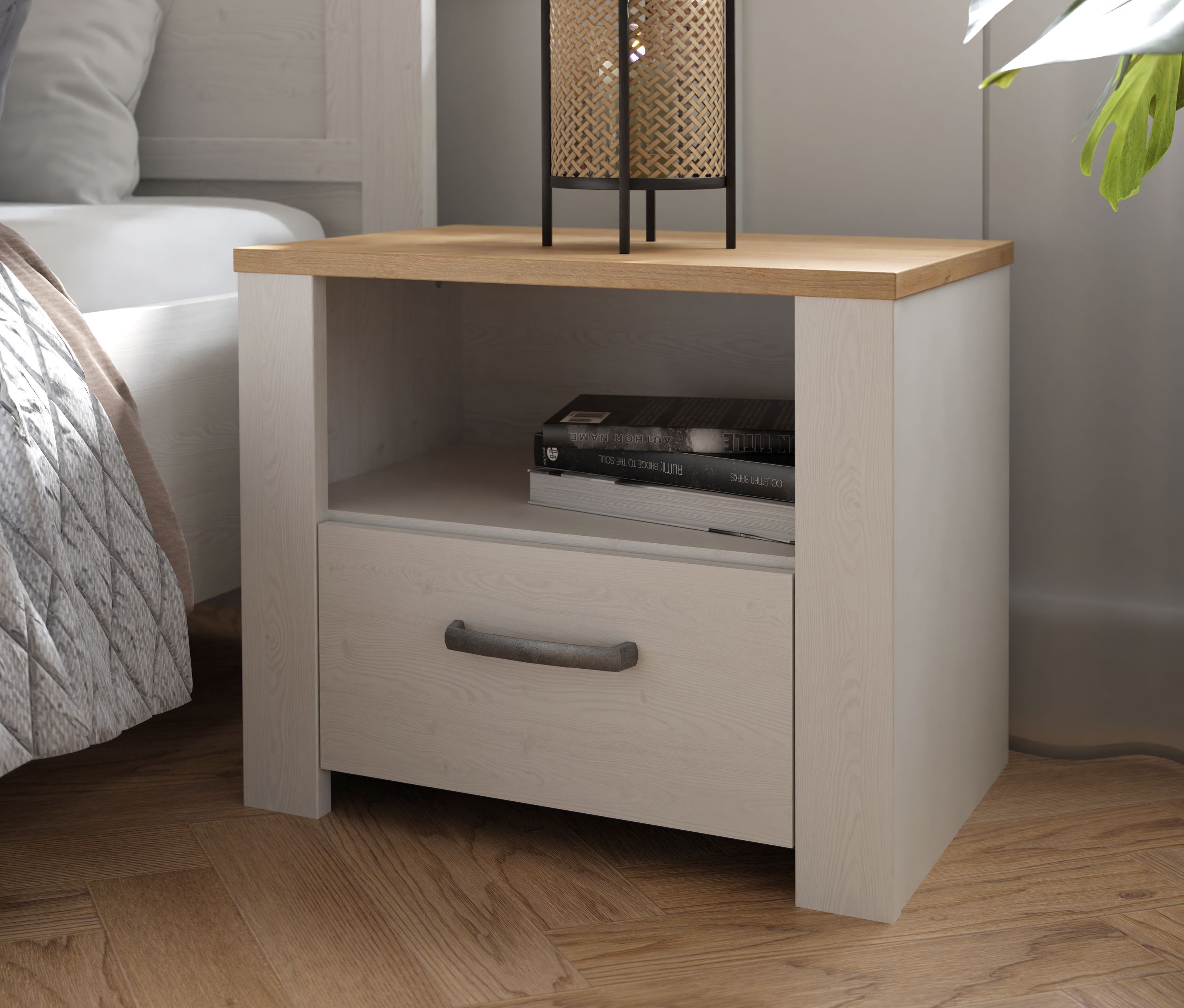 BOHOL Bedside Table - Oak/ White - 1 Drawer, 1 Shelf - W61.6 x D42 x H52 cm