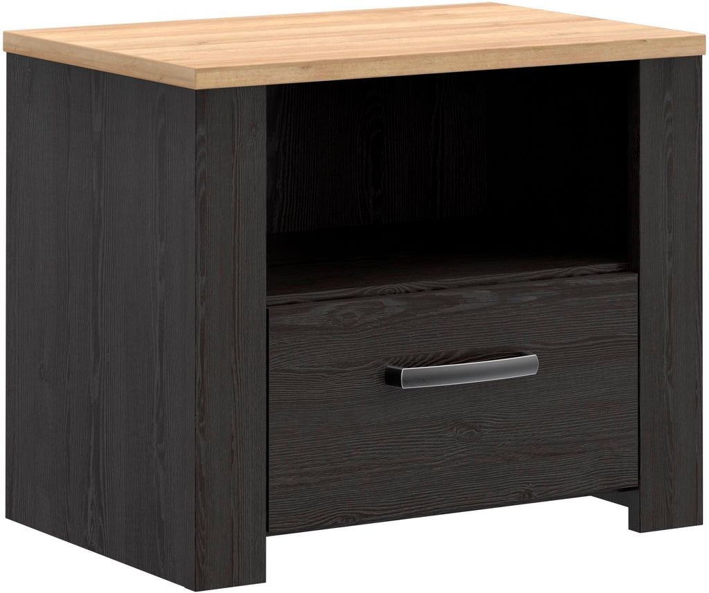 BOHOL Bedside Table - Oak/ Black - 1 Drawer, 1 Shelf - W61.6 x D42 x H52 cm
