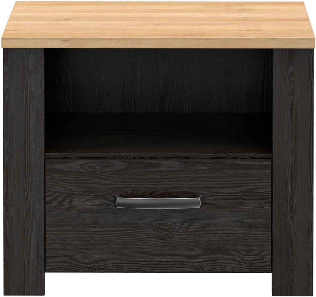 BOHOL Bedside Table - Oak/ Black - 1 Drawer, 1 Shelf - W61.6 x D42 x H52 cm