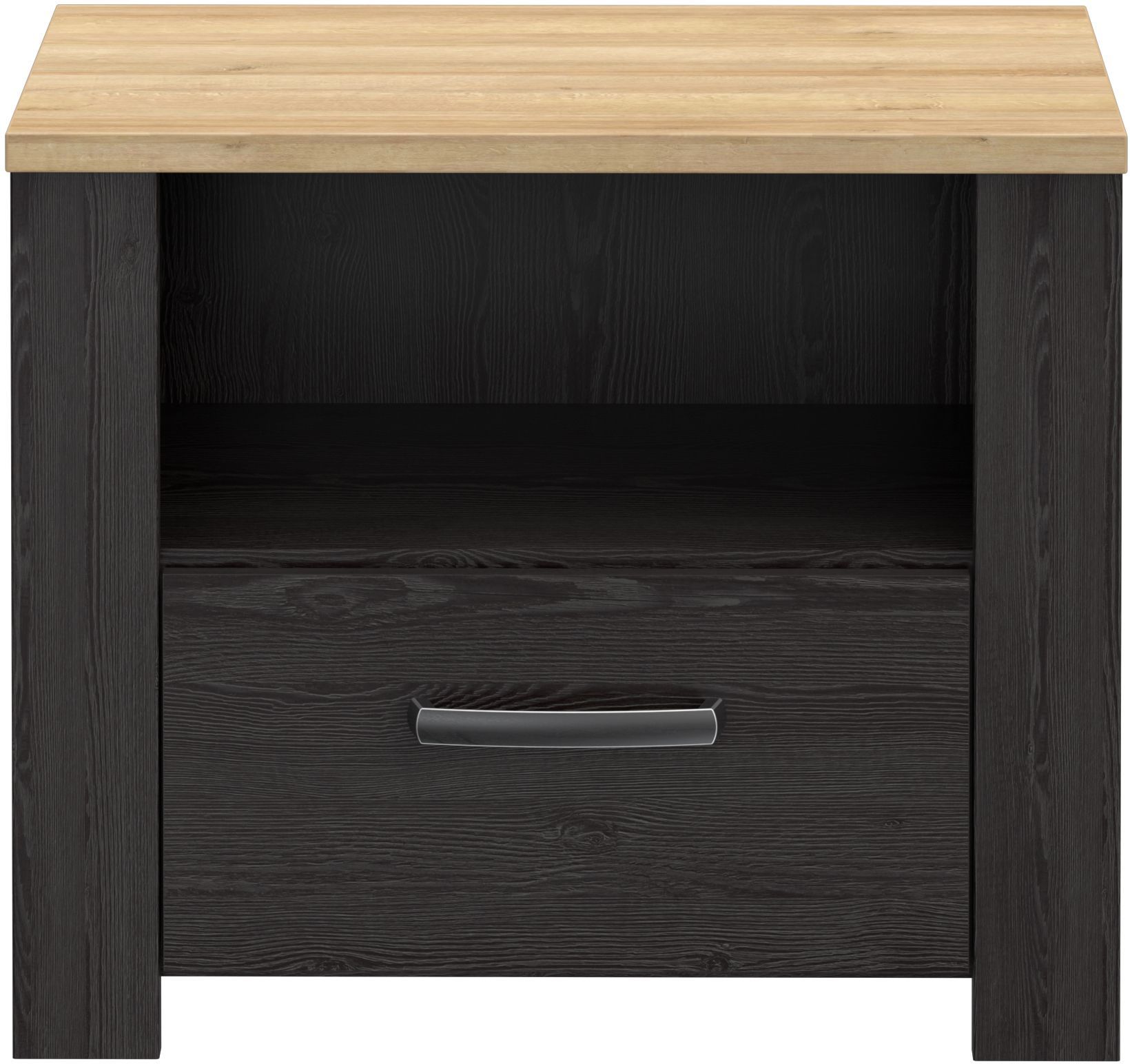 BOHOL Bedside Table - Oak/ Black - 1 Drawer, 1 Shelf - W61.6 x D42 x H52 cm