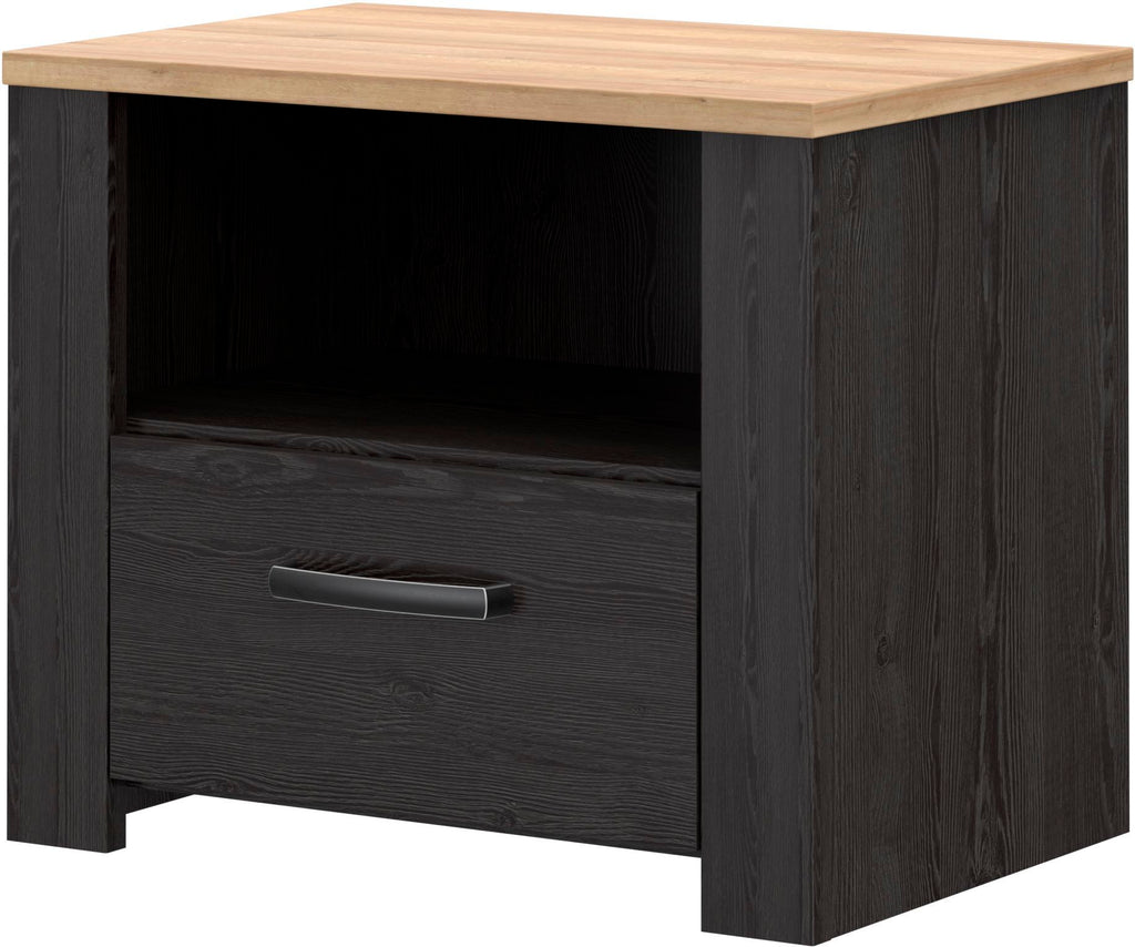 BOHOL Bedside Table - Oak/ Black - 1 Drawer, 1 Shelf - W61.6 x D42 x H52 cm