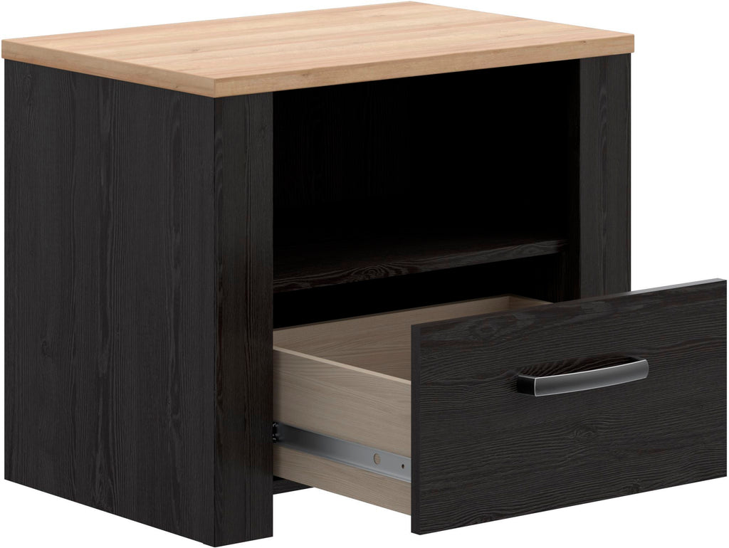 BOHOL Bedside Table - Oak/ Black - 1 Drawer, 1 Shelf - W61.6 x D42 x H52 cm