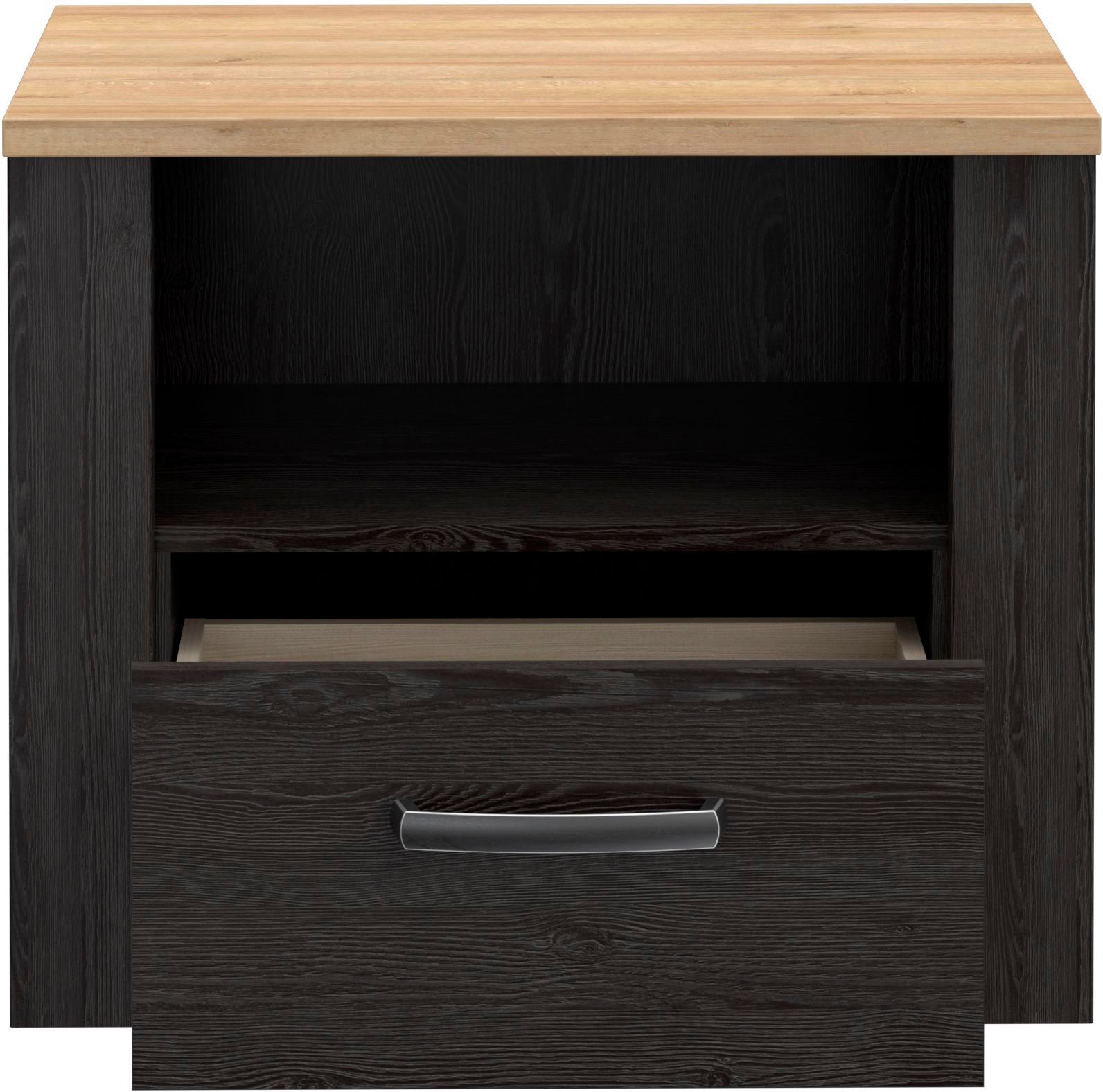 BOHOL Bedside Table - Oak/ Black - 1 Drawer, 1 Shelf - W61.6 x D42 x H52 cm