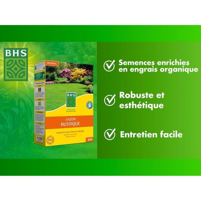 Semence de gazon - BHS - Gazon Rustique 1kg - Plus résistant et mieux protégé - Rapide et Durable - Tous Types de Terrain et Climats
